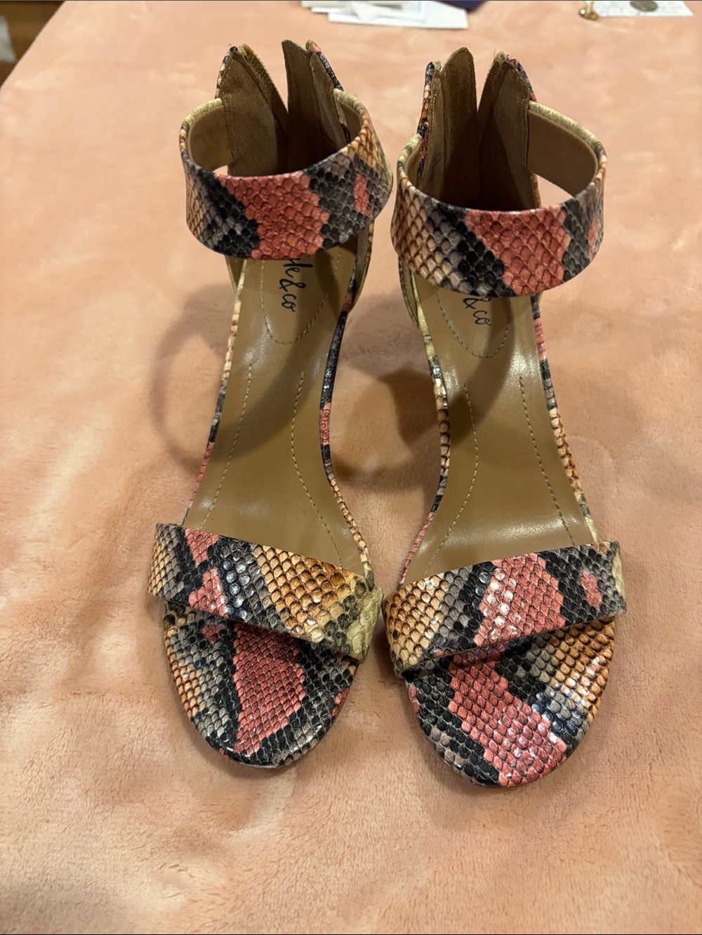 Style & Co. Snake-Print Ankle-Strap Heels in Coral, Tan & Black